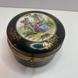 Gorgeous GERMANY Black Porcelain Powder Jar Trinket Box Man Lady Flowers GOLD